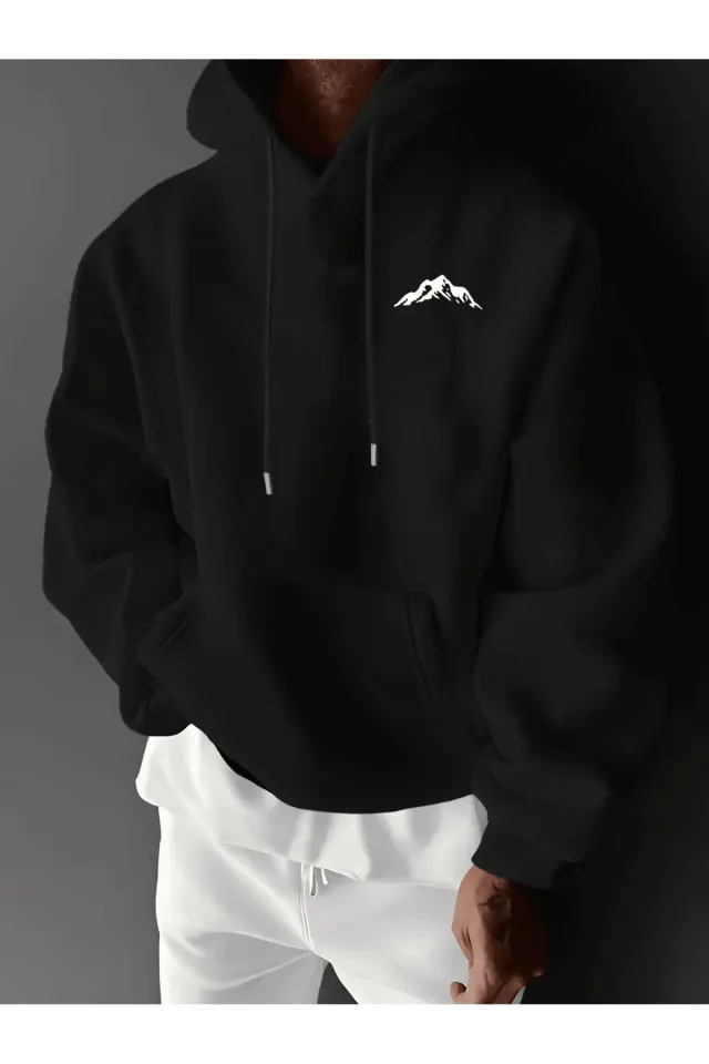 Unisex Oversize Kapüşonlu Sweatshirt Dağ Desenli - Siyah