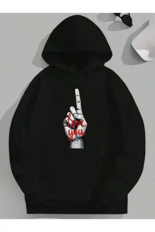Love You Hand Sign Print Unisex Hooded Sweatshirt - Black - image 1