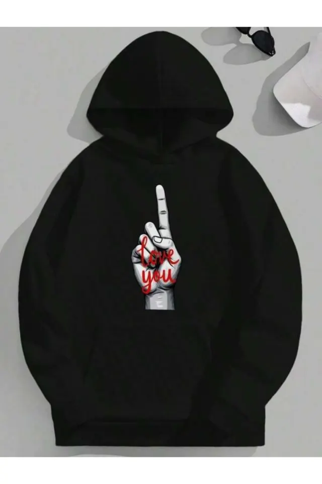 Love You El İşareti Baskılı Unisex Kapüşonlu Sweatshirt - Siyah