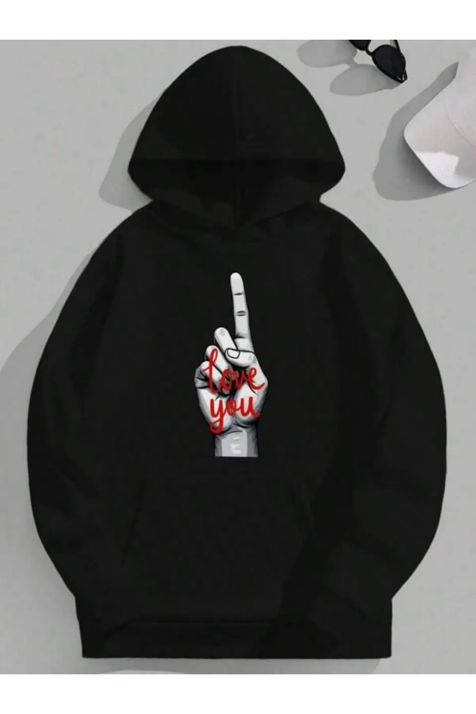 Love You Hand Sign Print Unisex Hooded Sweatshirt - Black