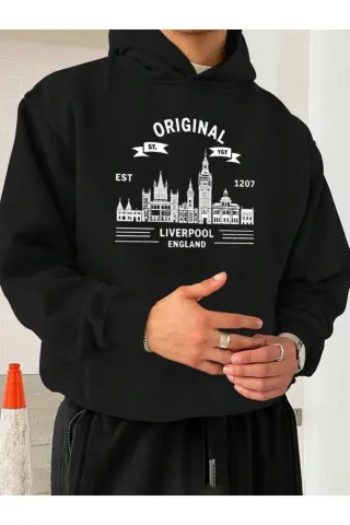 Skyline Baskılı Unisex Hoodie - Siyah - görsel 1