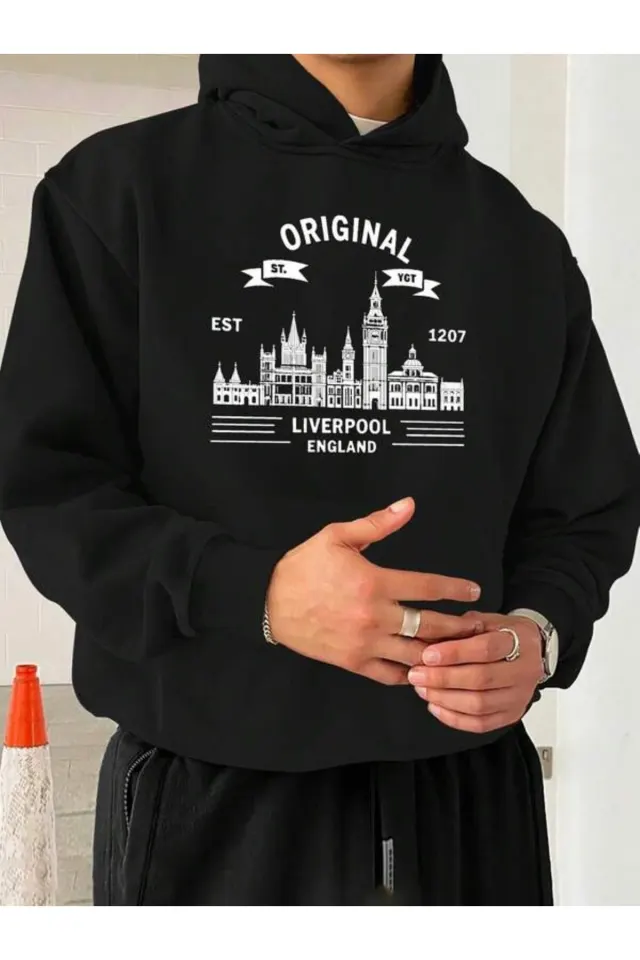Skyline Baskılı Unisex Hoodie - Siyah