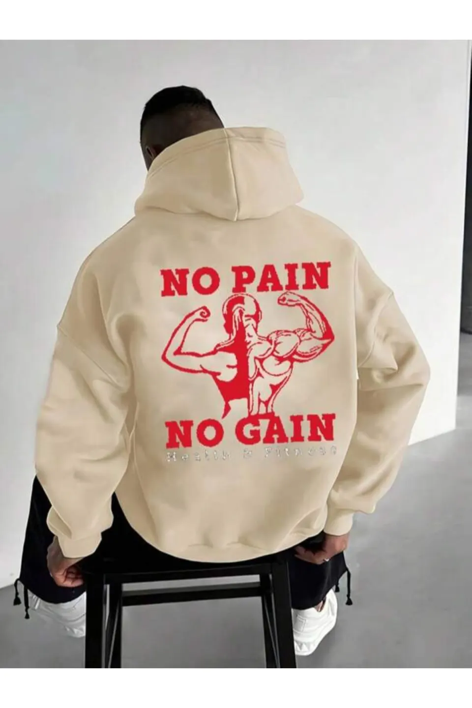 No Pain No Gain Fitness Baskılı Unisex Kapüşonlu Sweatshirt - Bej