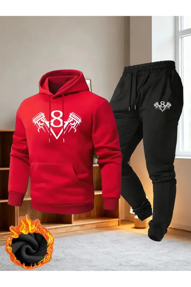 Unisex Oversize V8 Motor Piston Baskılı Hoodie & Jogger Eşofman Takımı - Kırmızı