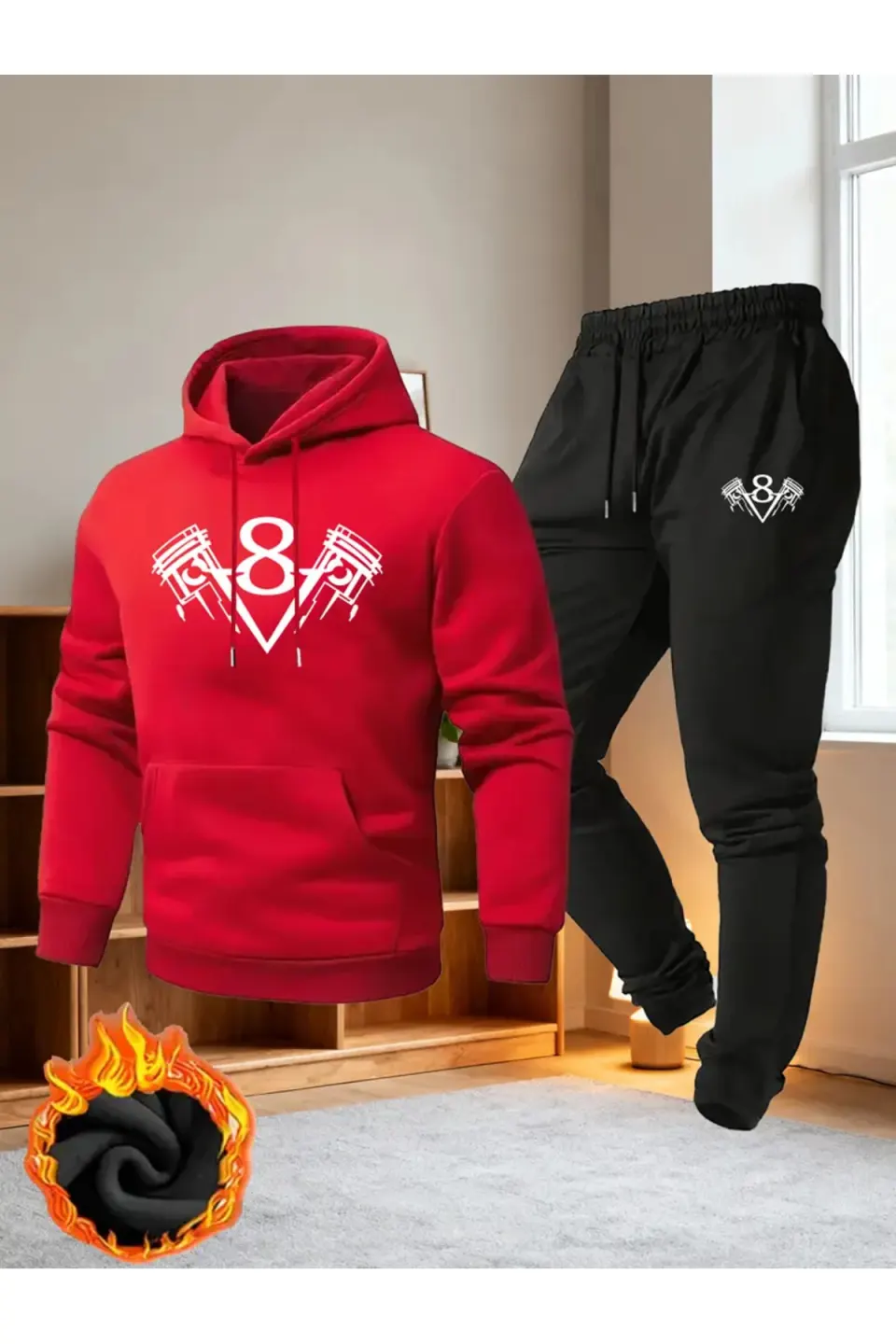 Unisex Oversize V8 Engine Piston Print Hoodie & Jogger Tracksuit - Red