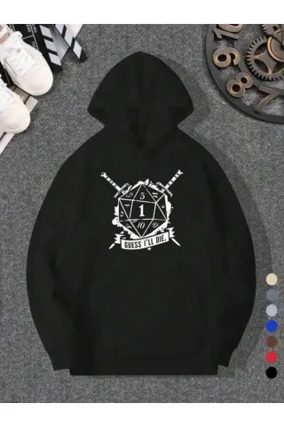 Zar ve Kılıç Temalı Baskılı Unisex Kapüşonlu Sweatshirt - Siyah - görsel 1