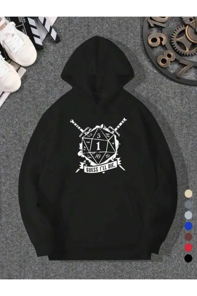 Zar ve Kılıç Temalı Baskılı Unisex Kapüşonlu Sweatshirt - Siyah