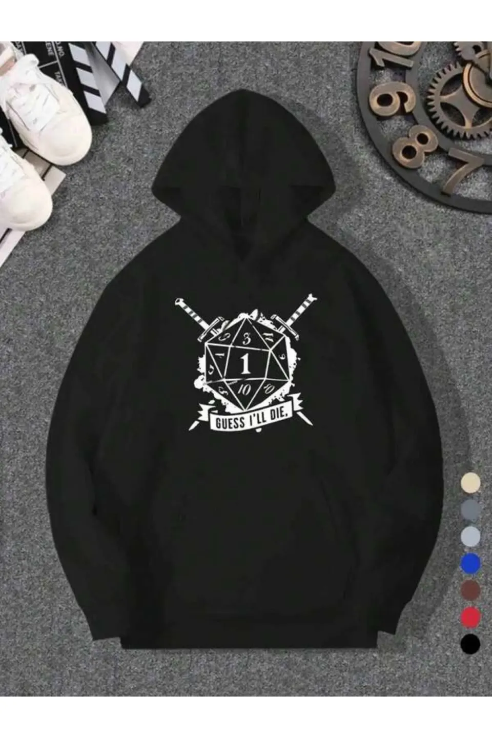 Zar ve Kılıç Temalı Baskılı Unisex Kapüşonlu Sweatshirt - Siyah