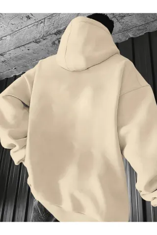 Unisex Oversize Kapüşonlu Sweatshirt Dağ Desenli - Bej - görsel 2