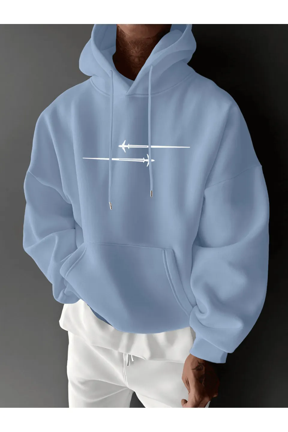 Unisex Oversize Kapüşonlu Sweatshirt Uçak Desenli - Mavi