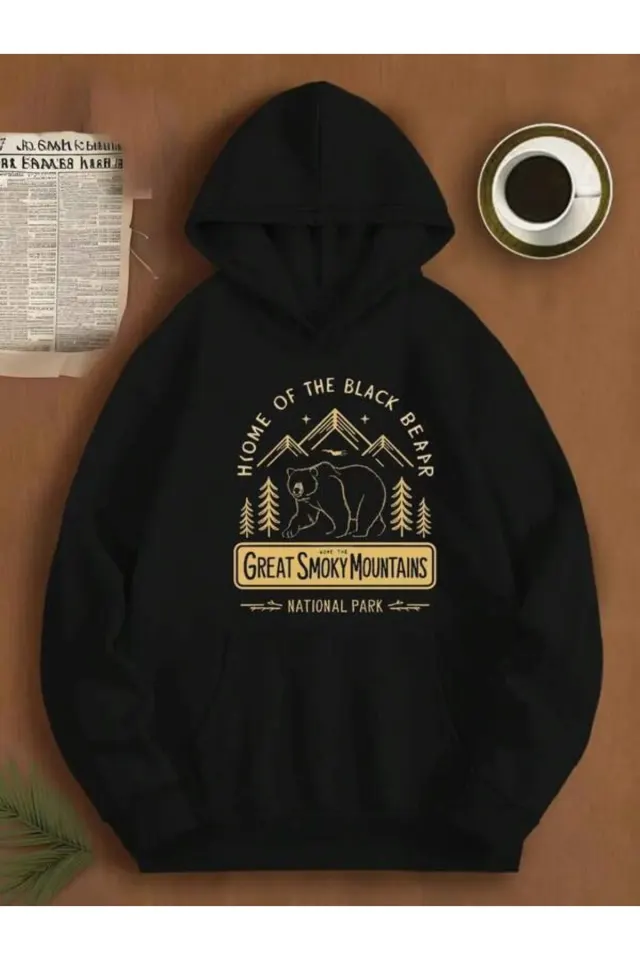 Great Smoky Mountains Ayı Baskılı Unisex Kapüşonlu Sweatshirt - Siyah