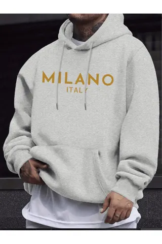 Unisex Oversize Kapüşonlu Sweatshirt Milano Italy Yazılı - Gri - görsel 1