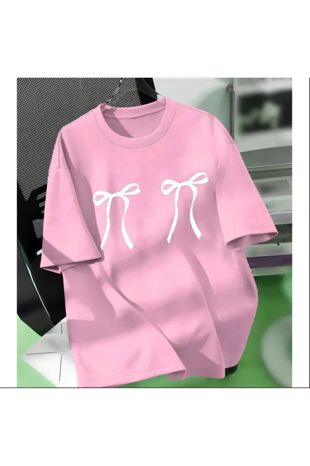 CHERRY Özel Baskılı Oversize Bisiklet Yaka T-Shirt - Pembe