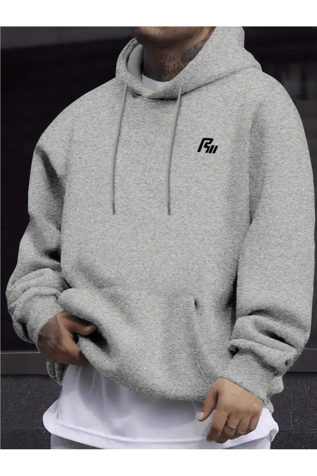 Unisex Oversize Kapüşonlu Sweatshirt Minimal Logo Desenli - Gri