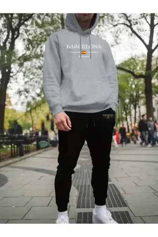 Unisex Barcelona España Hooded Sweatshirt + Jogger Tracksuit - Grey - image 1