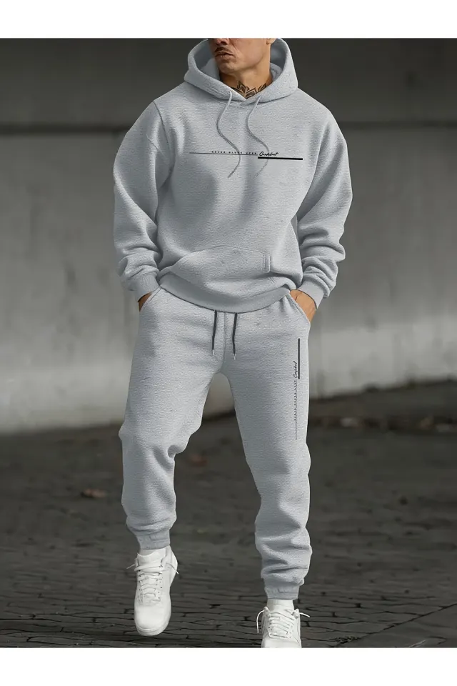 Asla Pes Etme Baskılı Erkek Oversize Hoodie & Jogger Eşofman Takım - Gri