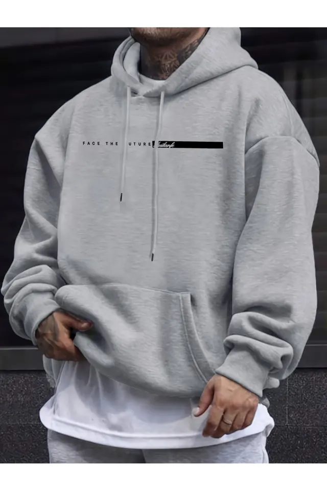 Unisex Oversize Kapüşonlu Sweatshirt Face The Future - Gri