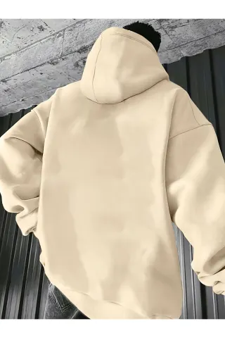 Unisex Oversize Kapüşonlu Sweatshirt Face The Future - Bej - görsel 2