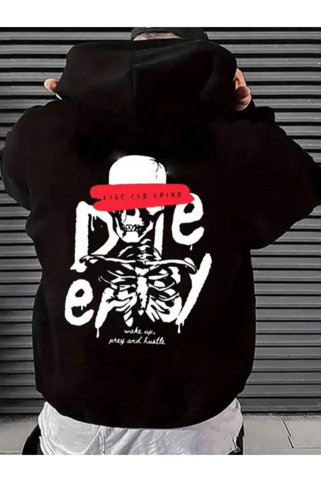 Rise & Grind Baskılı Unisex Sweatshirt - Siyah