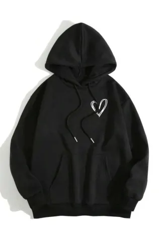 Minimal Kalp Baskılı Unisex Kapüşonlu Sweatshirt - Siyah - görsel 1