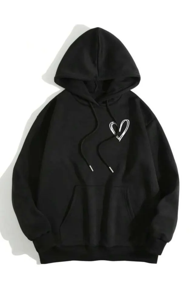 Minimal Kalp Baskılı Unisex Kapüşonlu Sweatshirt - Siyah