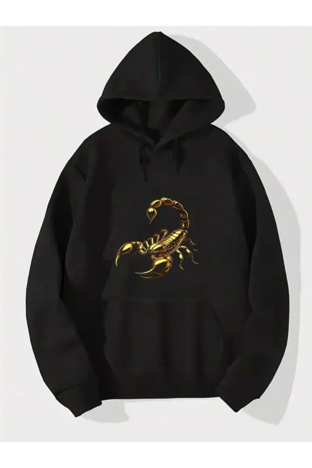 Altın Akrep Baskılı Unisex Kapüşonlu Sweatshirt - Siyah