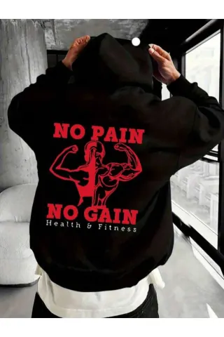No Pain No Gain Fitness Baskılı Unisex Kapüşonlu Sweatshirt - Siyah - görsel 1