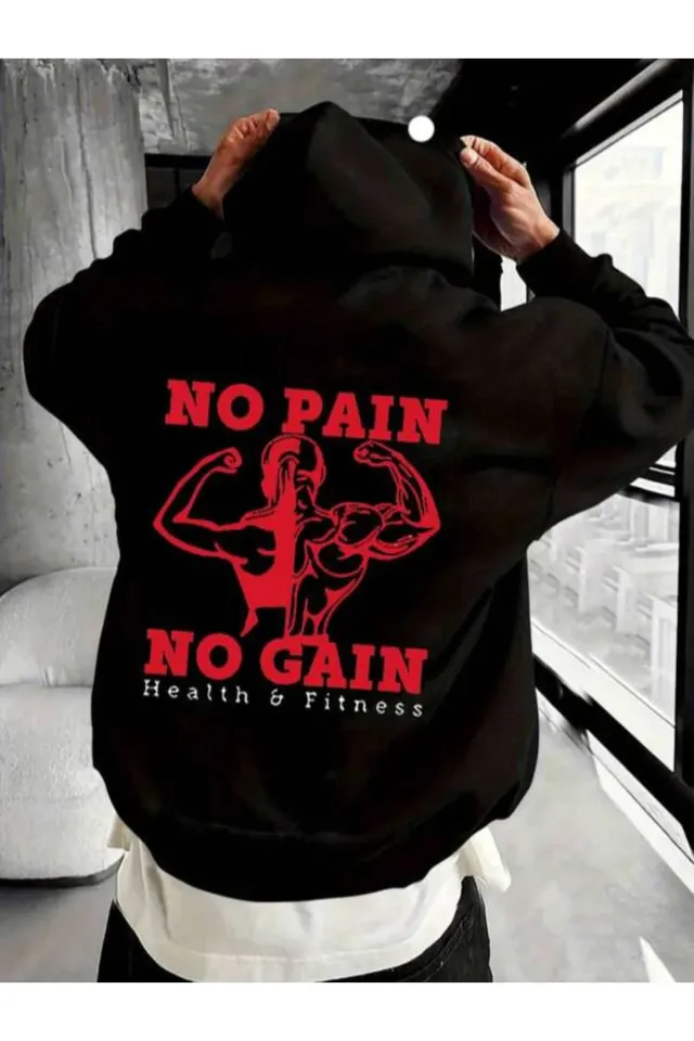 No Pain No Gain Fitness Baskılı Unisex Kapüşonlu Sweatshirt - Siyah