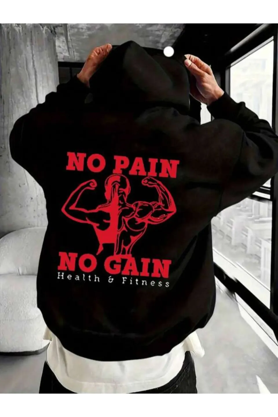 No Pain No Gain Fitness Baskılı Unisex Kapüşonlu Sweatshirt - Siyah