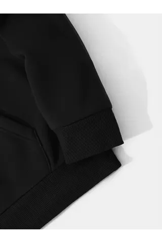 Unisex Oversize Kapüşonlu Sweatshirt Minimal Logo Desenli - Siyah - görsel 3