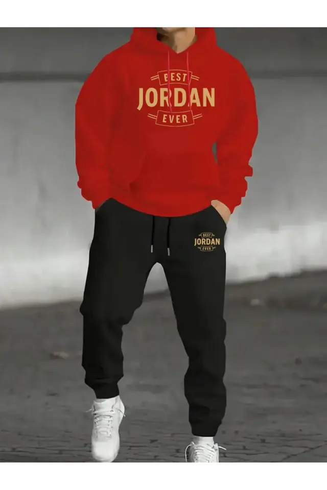 Unisex Oversize Best Jordan Ever Hoodie & Jogger Eşofman Takımı - Kırmızı