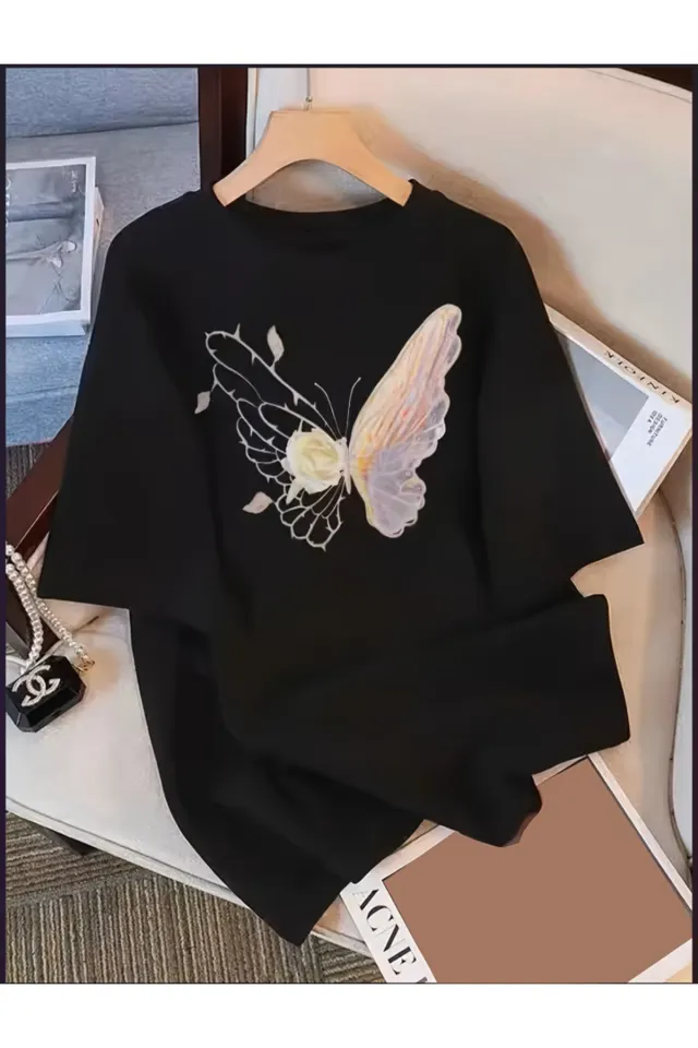 KELEBEK Baskılı Oversize Bisiklet Yaka T-Shirt - Siyah